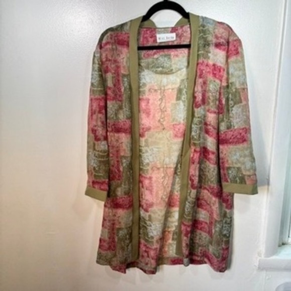 Miss Derby Sweaters - Miss Derby‎ Open Front Cardigan Women Sz L Pink Green Abstract Sheer Layering
